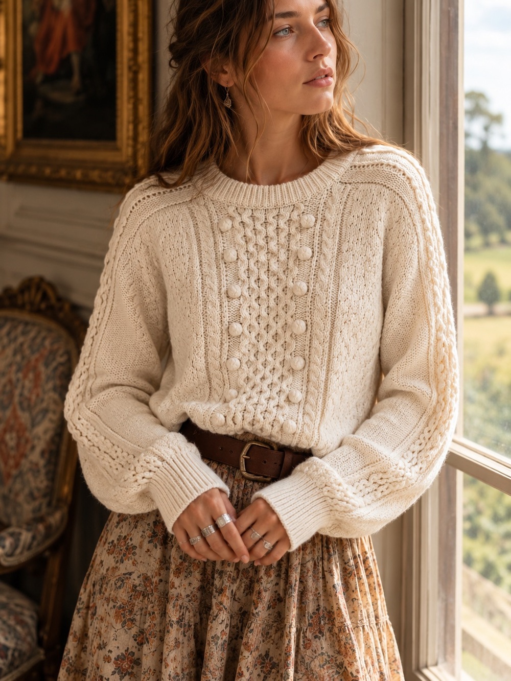 J.Crew XXL Cream Cable Knit Bobble Sweater Rory Gilmore Cozy Academia Lambswool
